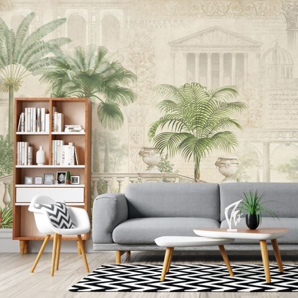 Sütunlu Saray Tropik Ağaçlar İçinde Duvar Kağıdı