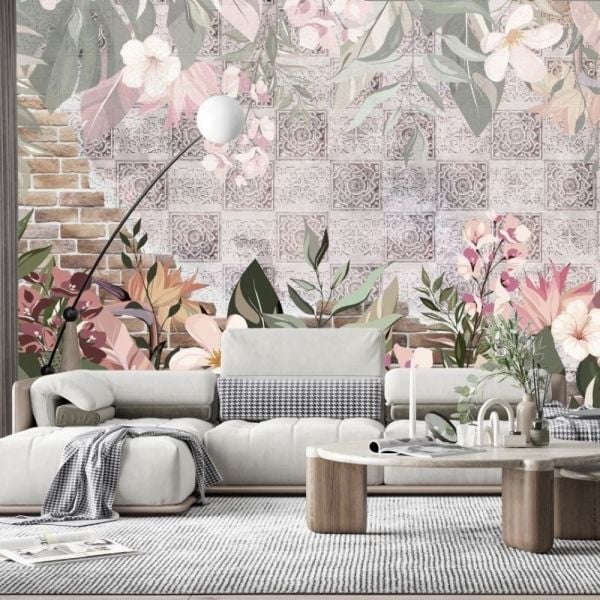 Duvar Taşları Üzerinde Yaz Çiçekleri Duvar Kağıdı