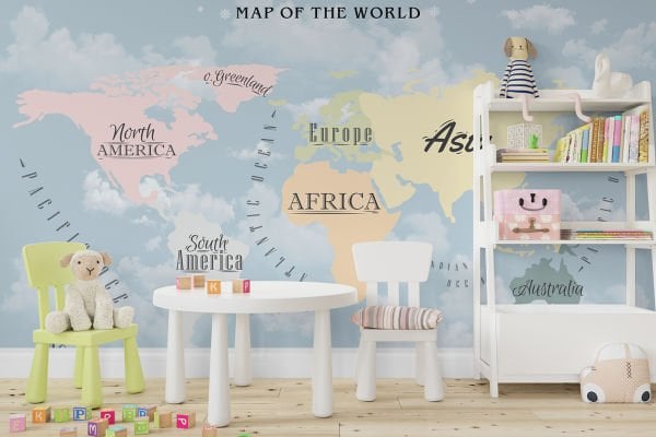 Farklı Renkli Kıtalar Soyut Bulutlar Dünya Haritası Duvar Kağıdı