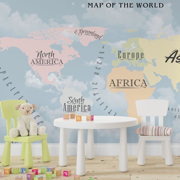 Farklı Renkli Kıtalar Soyut Bulutlar Dünya Haritası Duvar Kağıdı