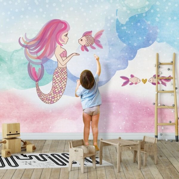 Deniz Kızı ve Japon Balığı Yumuşak Renkli Arka Plan Duvar Kağıdı