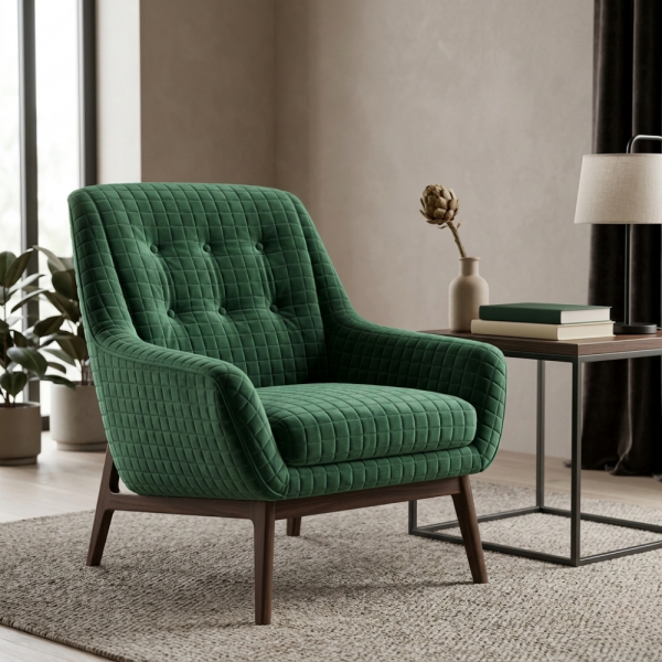 Karo Kadife Döşemelik Kumaş Emerald