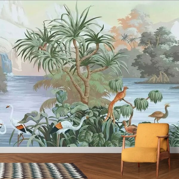 Kuğular Şelale Nehir Orman Duvar Kağıdı