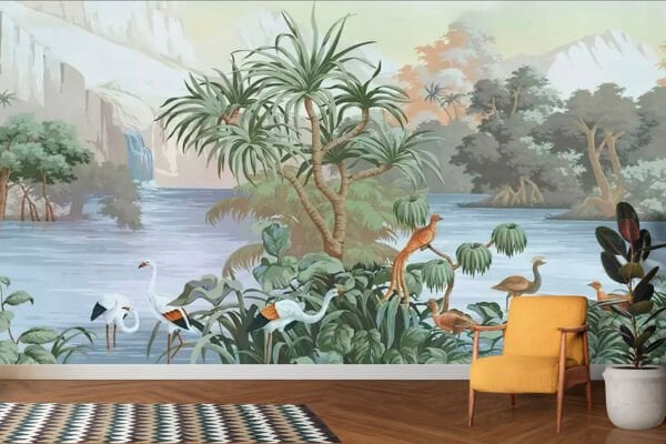 Kuğular Şelale Nehir Orman Duvar Kağıdı