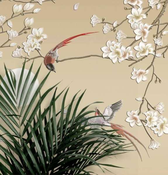 Chinoiserie Çiçekler ve Kuşlar Duvar Kağıdı