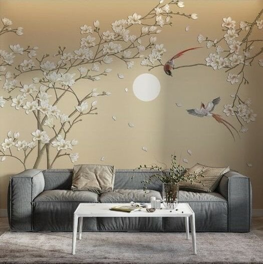 Chinoiserie Çiçekler ve Kuşlar Duvar Kağıdı