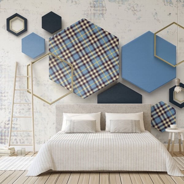 Altıgen Lacivert Ekoseli Üç Boyutlu Duvar Kağıdı