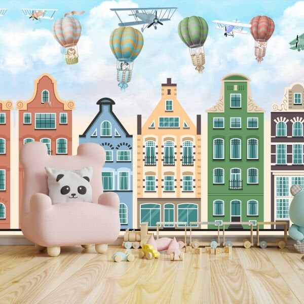Renkli Binalar Mavi Hava Balonları Hayvanlar Duvar Kağıdı