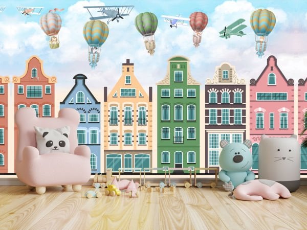 Renkli Binalar Mavi Hava Balonları Hayvanlar Duvar Kağıdı