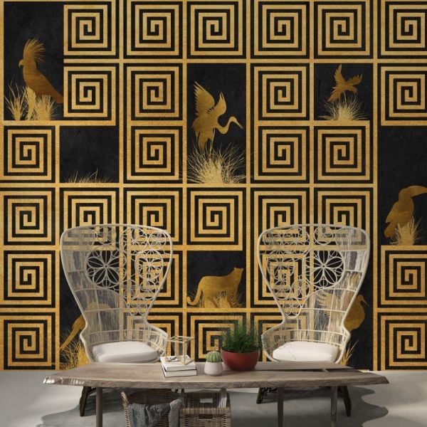 Geometrik Gold Desen İçinde Hayvanlar Duvar Kağıdı