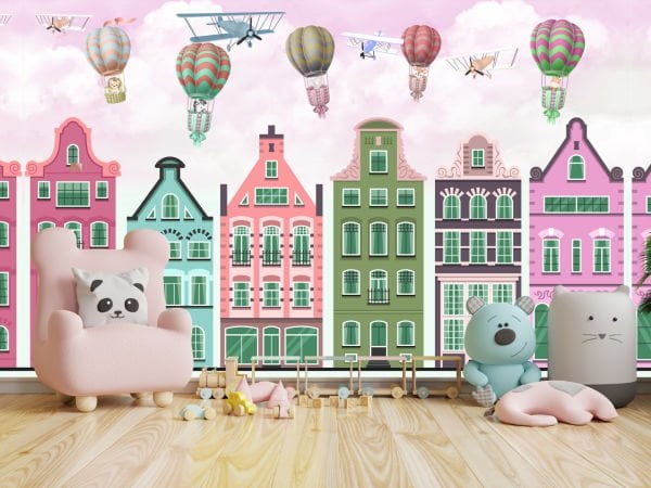 Pembe Zemin Renkli Binalar Hava Balonları Duvar Kağıdı