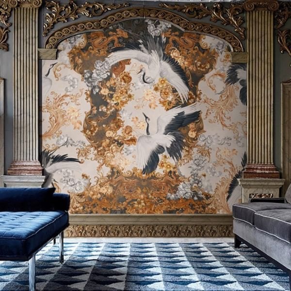 Şal Desen İçinde Kuğular Duvar Kağıdı