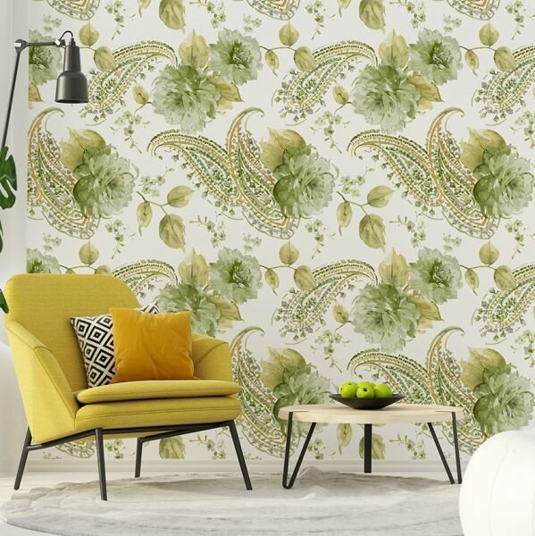 Yeşil Güller Etnik Desen Duvar Kağıdı