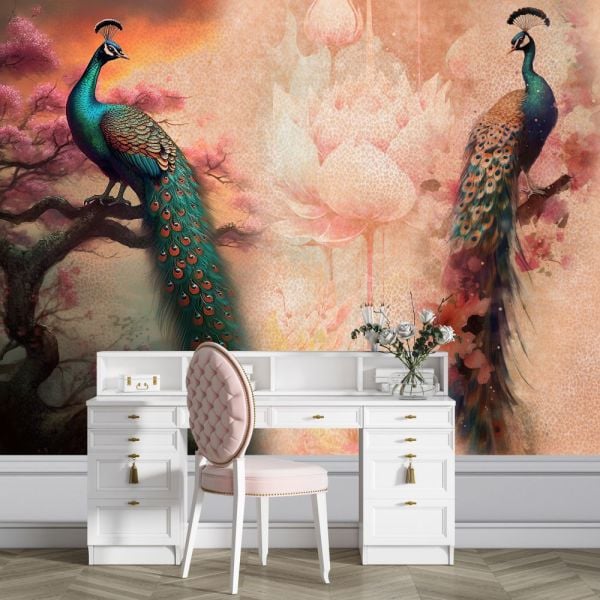 Nilüfer Çiçeği Üstünde Zarif Tavus Kuşu Duvar Kağıdı