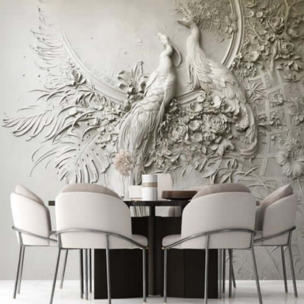 Yalı Çapkını Salon Yemek Odası Beyaz Tavus Kuşu Duvar Kağıdı