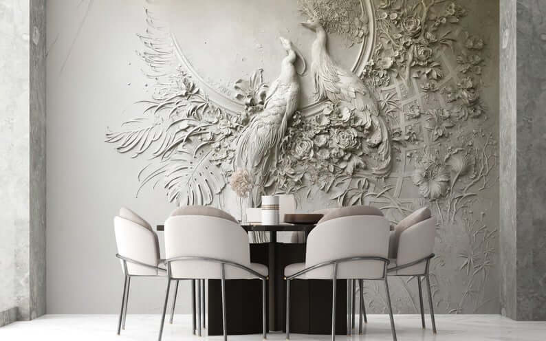 Yalı Çapkını Salon Yemek Odası Beyaz Tavus Kuşu Duvar Kağıdı