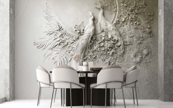 Yalı Çapkını Salon Yemek Odası Beyaz Tavus Kuşu Duvar Kağıdı