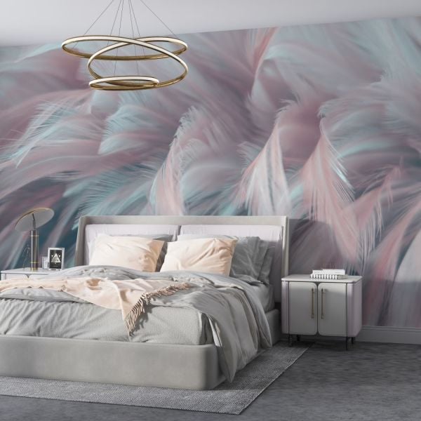 Mavi Mor Renk Geçişli Tüyler Tasarım Duvar Kağıdı