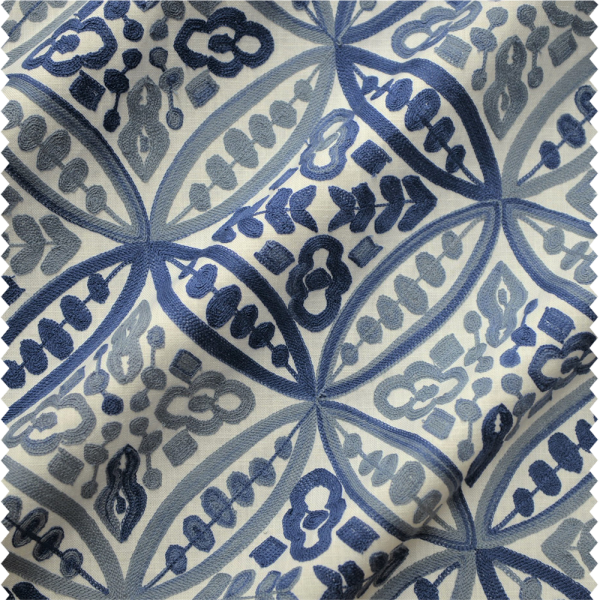 İşlemeli Mavi Tonları Geometrik Döşemelik Perdelik Kumaş