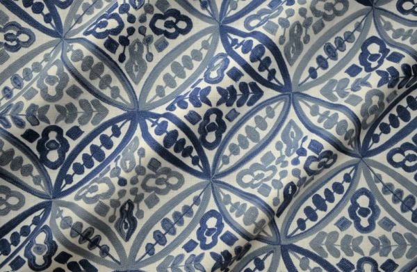 İşlemeli Mavi Tonları Geometrik Döşemelik Perdelik Kumaş