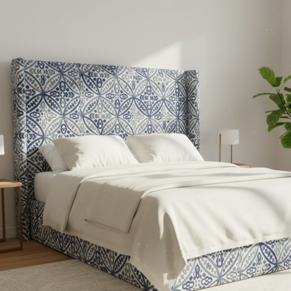 İşlemeli Mavi Tonları Geometrik Döşemelik Perdelik Kumaş