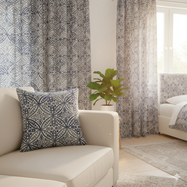 İşlemeli Mavi Tonları Geometrik Döşemelik Perdelik Kumaş