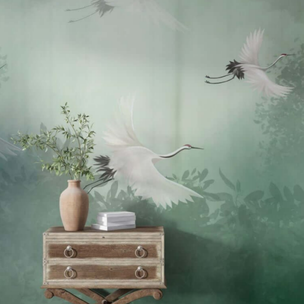 Ömer Dizi Nisa (Merve Dizdar) Yatak Oda Turkuaz Zeminde Turna Kuşları Duvar Kağıdı