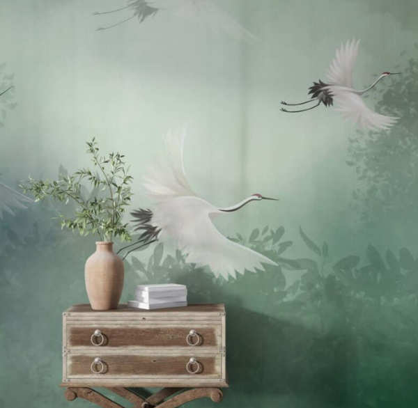 Ömer Dizi Nisa (Merve Dizdar) Yatak Oda Turkuaz Zeminde Turna Kuşları Duvar Kağıdı