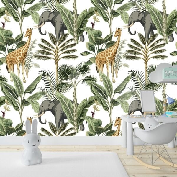 Şirin Filler Zürafalar Ağaçlar İçinde Duvar Kağıdı