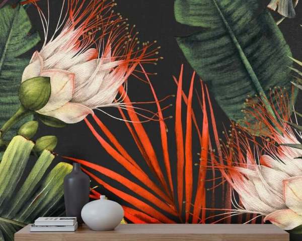 Uva Tropikal Yapraklar Suluboya Efektli Duvar Kağıdı