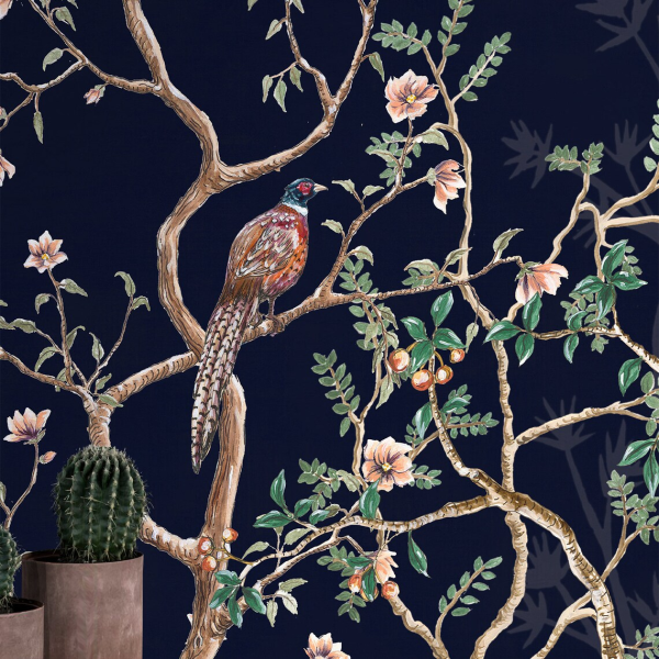 Lacivert Zeminde Kuşlar Çiçekler Duvar Kağıdı