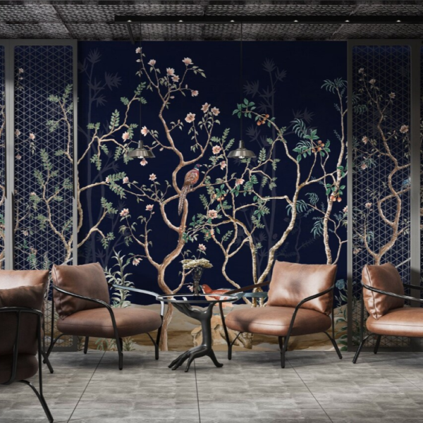 Lacivert Zeminde Kuşlar Çiçekler Duvar Kağıdı