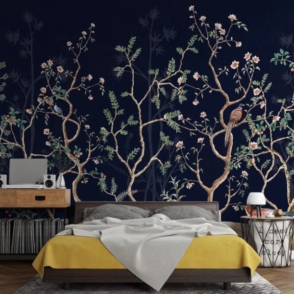 Lacivert Zeminde Kuşlar Çiçekler Duvar Kağıdı