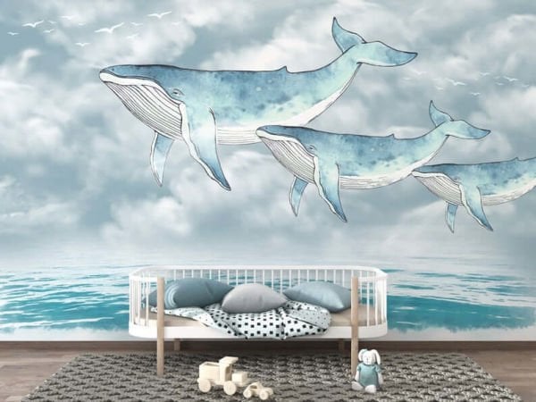 Dalgalı Okyanusta Mavi Balinalar Duvar Kağıdı