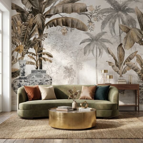 Sepya Ağaçlar Vazolar Tasarım Duvar Kağıdı