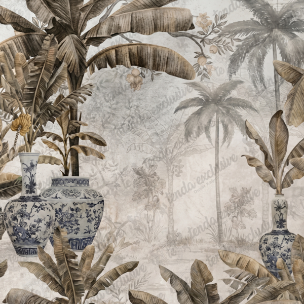 Sepya Ağaçlar Vazolar Tasarım Duvar Kağıdı