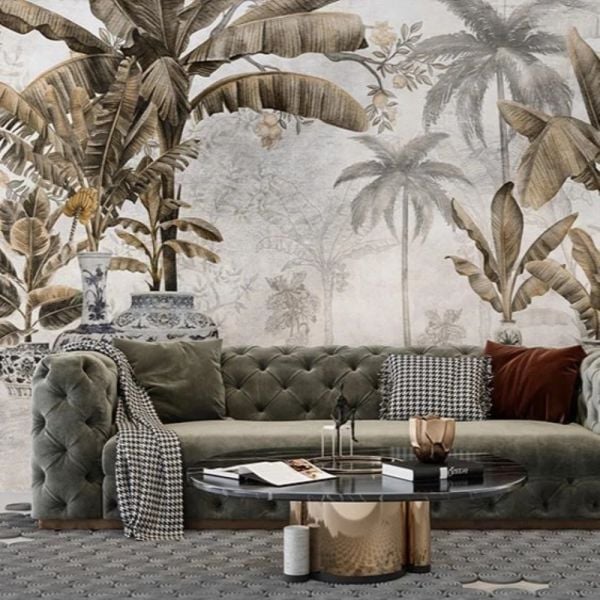 Sepya Ağaçlar Vazolar Tasarım Duvar Kağıdı