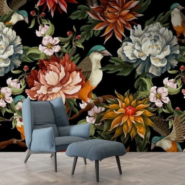 Uva Siyah Zeminde Şakayık Çiçekler Kuşlar Duvar Kağıdı