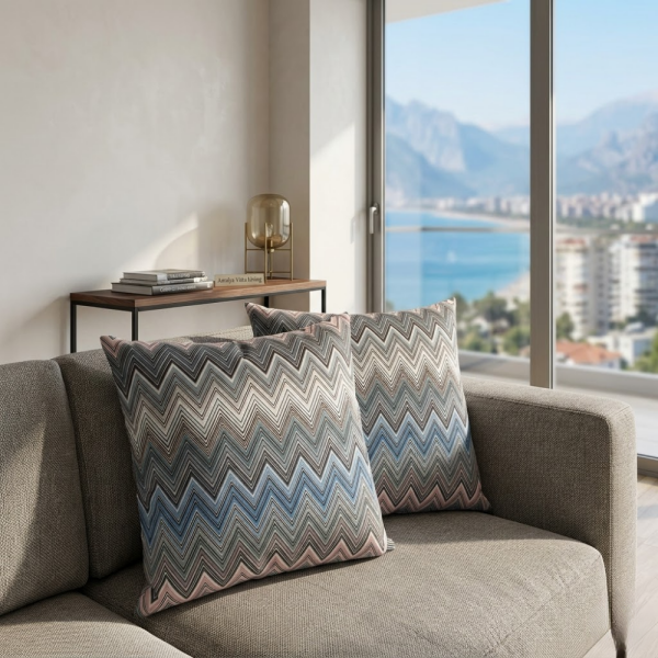 Zigzag Desenli Mavi Gri Dekoratif Yastık