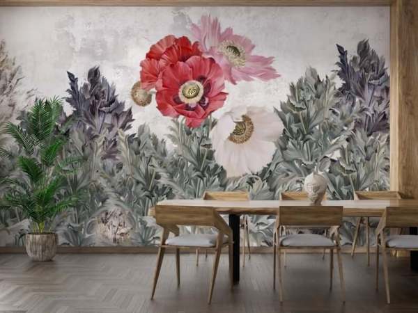 Uva Vizon Zeminde Suluboya Efektli Haşhaş Çiçeği Duvar Kağıdı