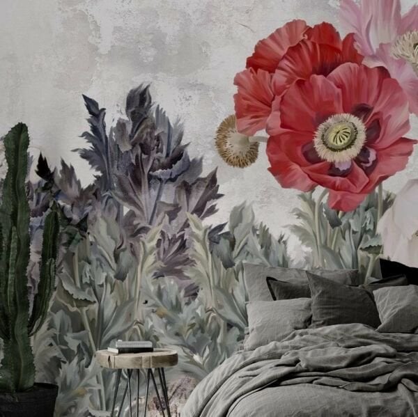 Uva Vizon Zeminde Suluboya Efektli Haşhaş Çiçeği Duvar Kağıdı