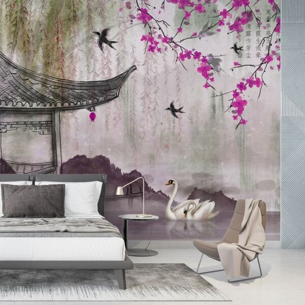 Kırlangıç Kuğular Sakura Çiçekleri Tasarım Duvar Kağıdı