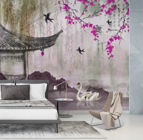 Kırlangıç Kuğular Sakura Çiçekleri Tasarım Duvar Kağıdı