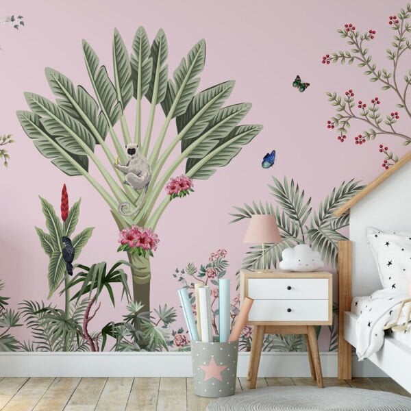 Pembe Zemin Üzerinde Muz Yaprakları Bulutlar Ve Bitkiler Duvar Kağıdı