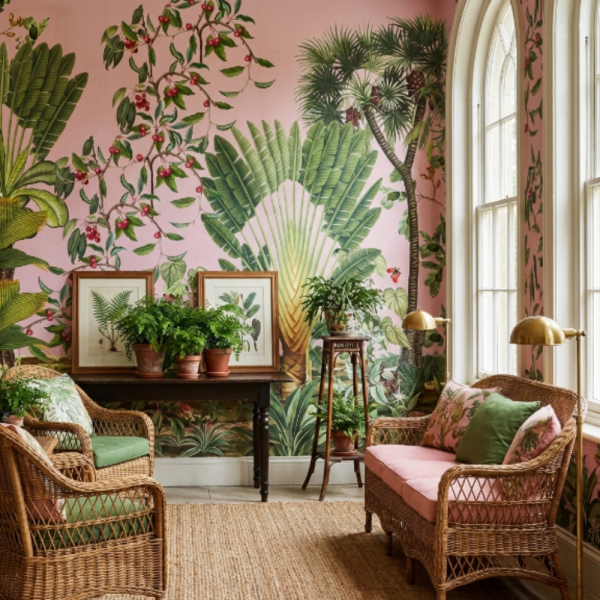 Lila Zeminde Büyük Yapraklar Duvar Kağıdı