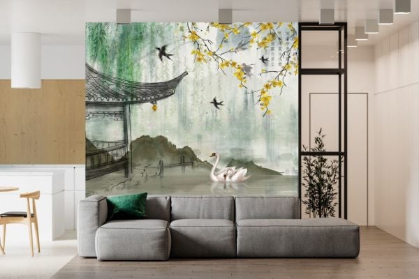 Safran Renk Sakura Çiçekleri Kuğular Duvar Kağıdı