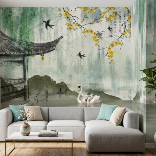 Şahane Hayatım Dizisi Safran Renk Sakura Çiçekleri Kuğular Duvar Kağıdı