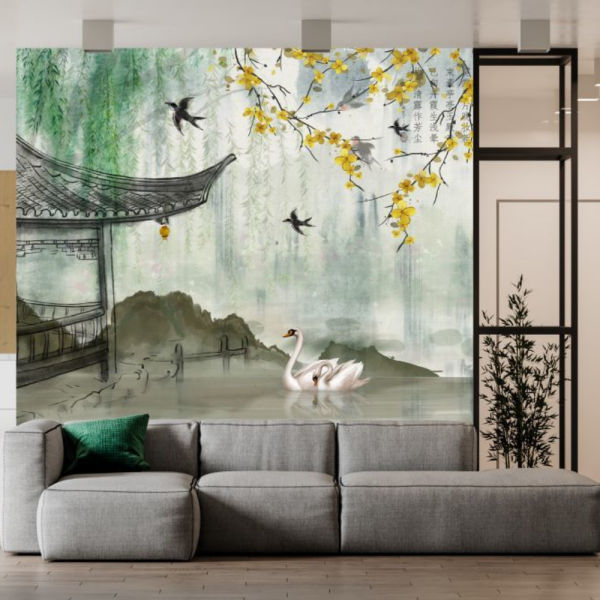 Şahane Hayatım Dizisi Safran Renk Sakura Çiçekleri Kuğular Duvar Kağıdı