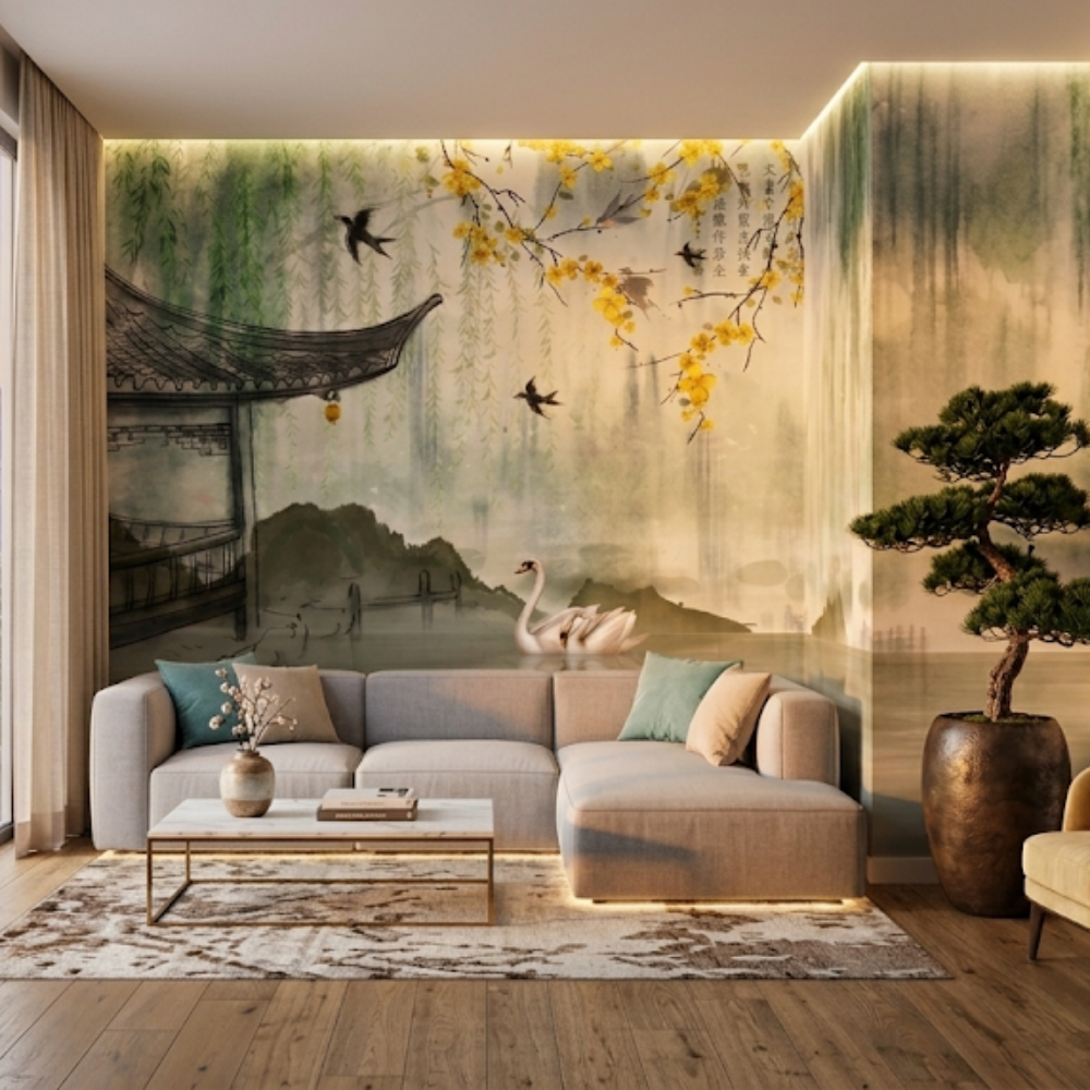 Şahane Hayatım Dizisi Safran Renk Sakura Çiçekleri Kuğular Duvar Kağıdı