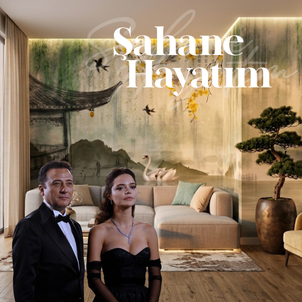 Şahane Hayatım Dizisi Safran Renk Sakura Çiçekleri Kuğular Duvar Kağıdı